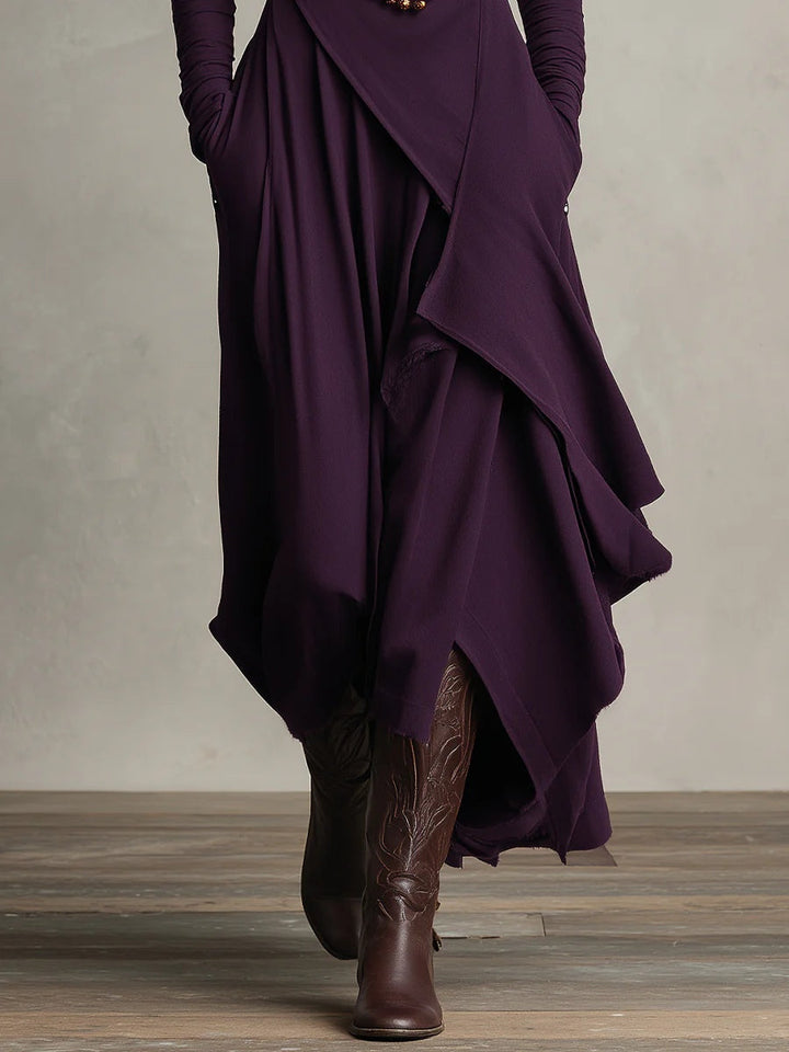 Giorgia - Asymmetrical Maxi Pleated Dress in Purple with High Neck (Necklace not included)
